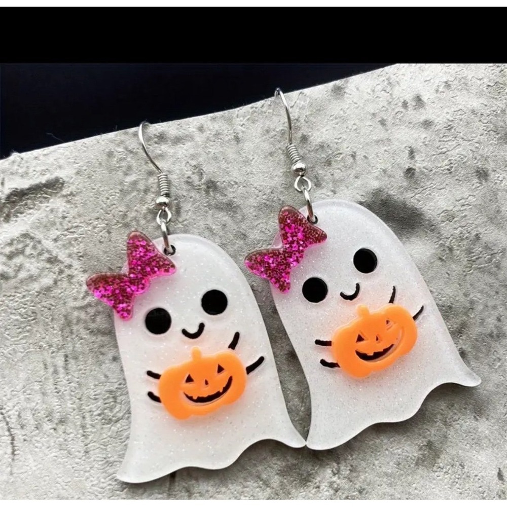 Halloween Sparkle Pumpkin Ghost Earrings - Acrylic Drop & Dangle